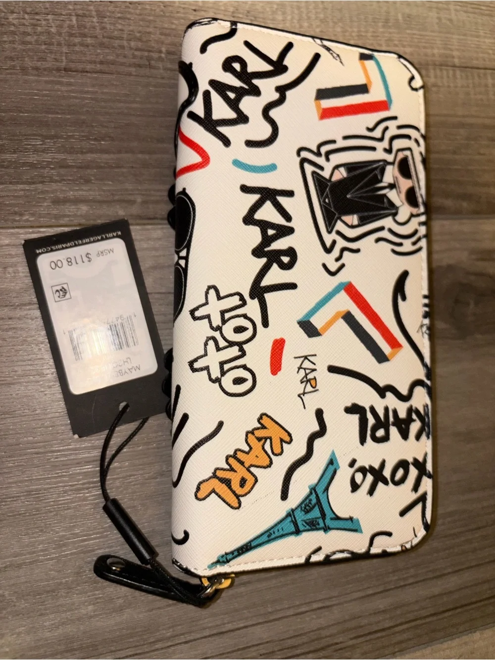 Karl Lagerfeld White Pink & Black Graphic Zip Wallet